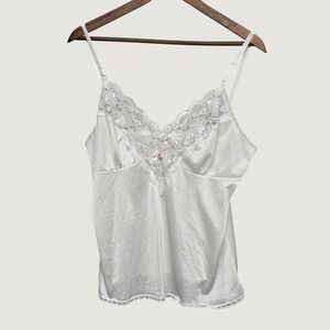 Vtg Ashley Taylor Camisole Women L White Lace Trim Satin Rose Coquette Romantic